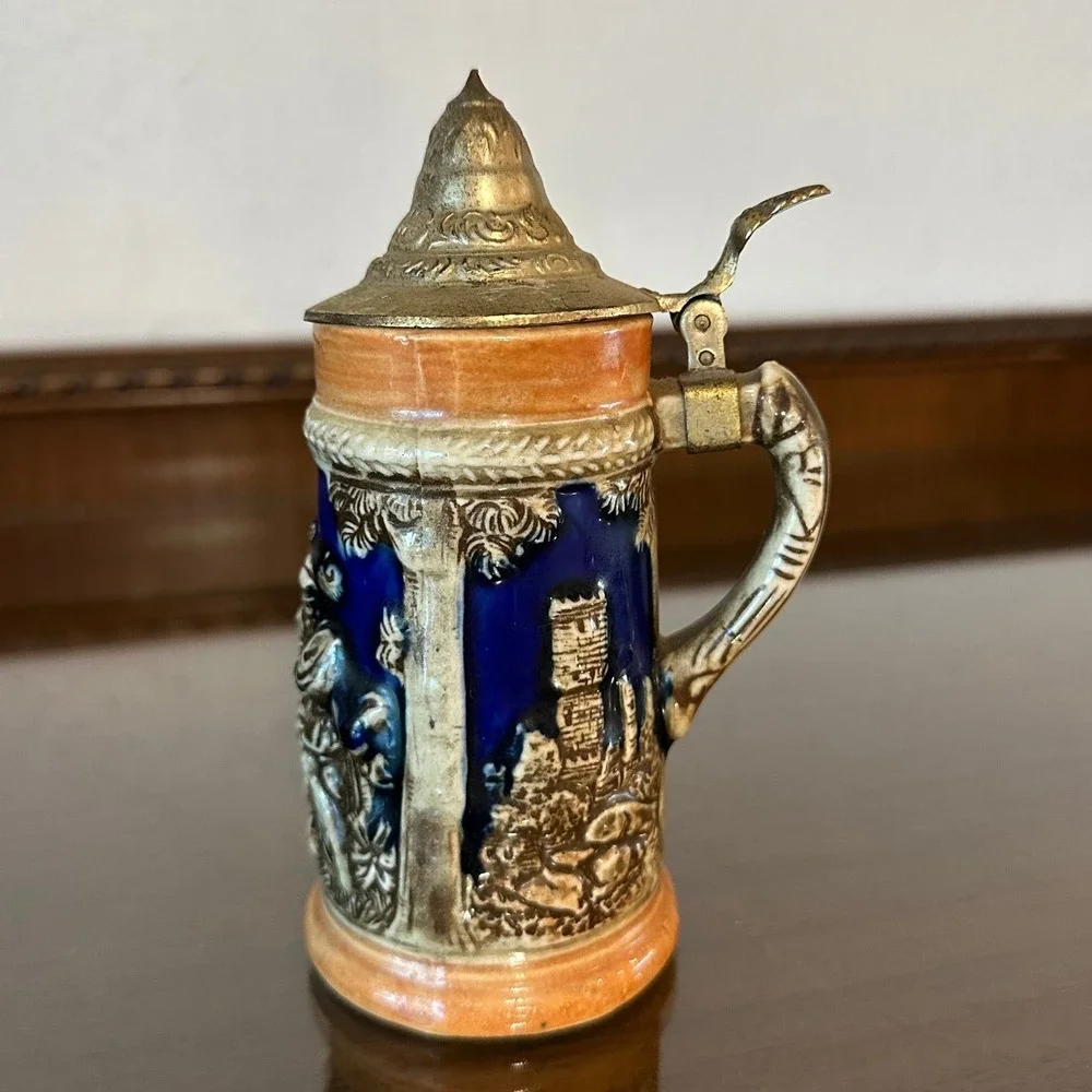 Vintage Miniature German Style Beer Stein Japan Cobalt Blue Relief Metal Lid 6